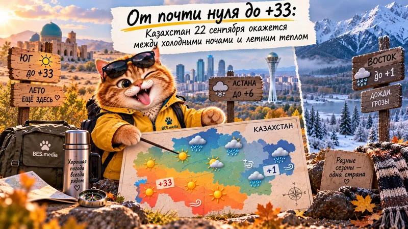 Котик-синоптик BES.media показывает погоду на 22 сентября: на востоке ночью до +1 градуса, на юге днём – до +33 градусов