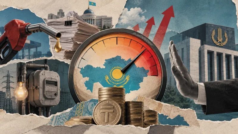 Коллаж об инфляции в Казахстане – шкала роста цен, тенге, бензиновая колонка, коммунальный счётчик, бюджетные документы и здание Нацбанка