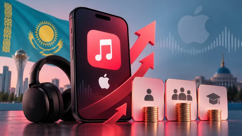 Иллюстрация повышения стоимости Apple Music в Казахстане с изображением смартфона, наушников и растущих цен на тарифы