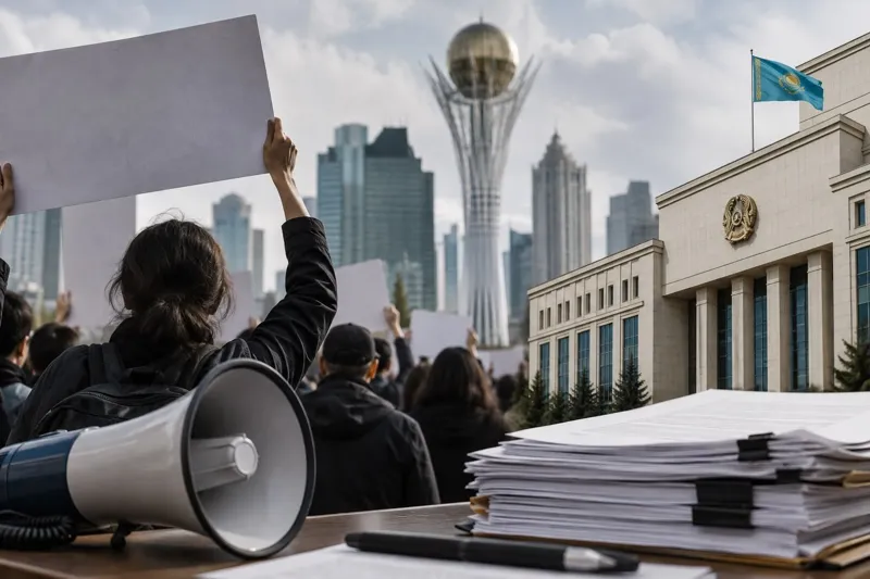 Участники митинга с плакатами на фоне зданий Астаны и монумента «Байтерек»