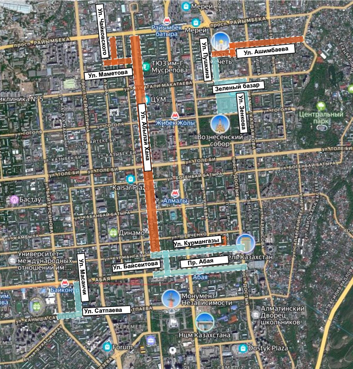 Улицы Алматы, которые планируют развивать в рамках концепции Gastro Almaty Карта центра Алматы с отмеченными гастроулицами первого этапа Gastro Almaty: проспект Абая, улицы Байсеитовой, Курмангазы, Масанчи, Сатпаева и Зенкова