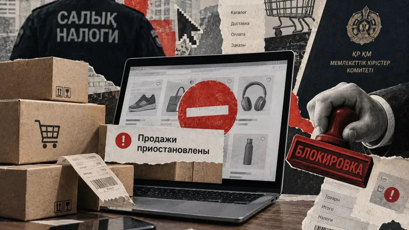 Иллюстрация блокировки продаж на маркетплейсе: ноутбук с сообщением «Продажи приостановлены», коробки с товарами и символика налоговой.