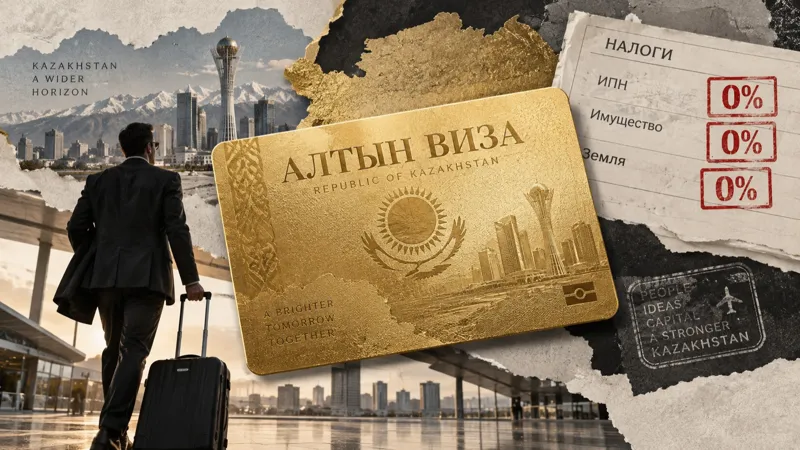 Коллаж с золотой "Алтын виза", картой Казахстана, иностранцем с чемоданом и листом с нулевыми ставками ИПН, налога на имущество и землю
