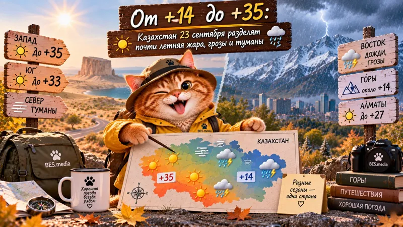 Котик-синоптик BES.media показывает погоду на 23 сентября: на западе до +35 градусов, на востоке в горах около +14, в ряде регионов – дожди и грозы