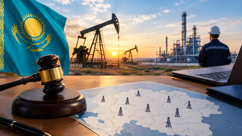 Нефтяные вышки, флаг Казахстана, карта с участками