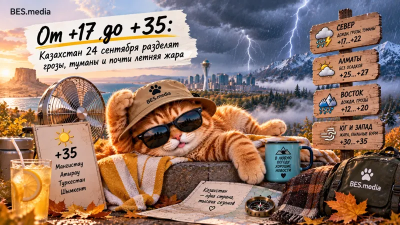 Котик-синоптик BES.media на фоне карты Казахстана, жары, гроз и дождей