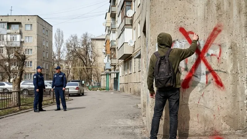 Человек рисует на стене здания