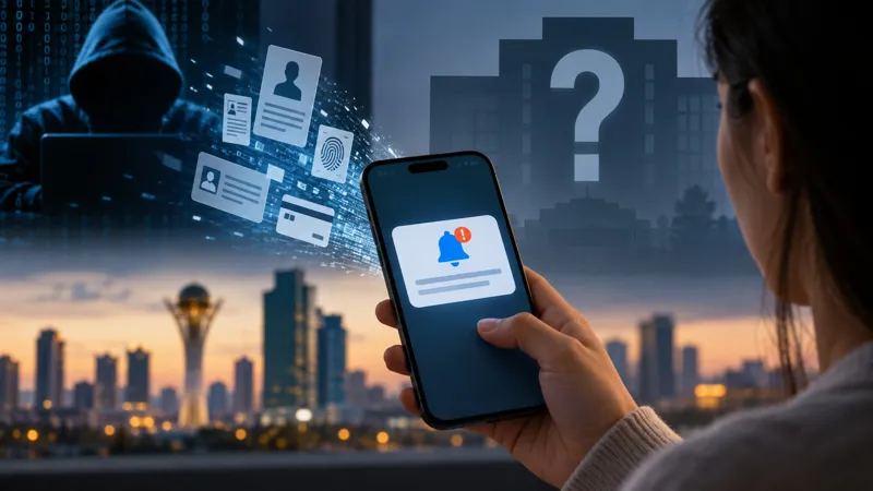 Казахстанец получает на смартфон уведомление об утечке персональных данных на фоне символов киберугрозы