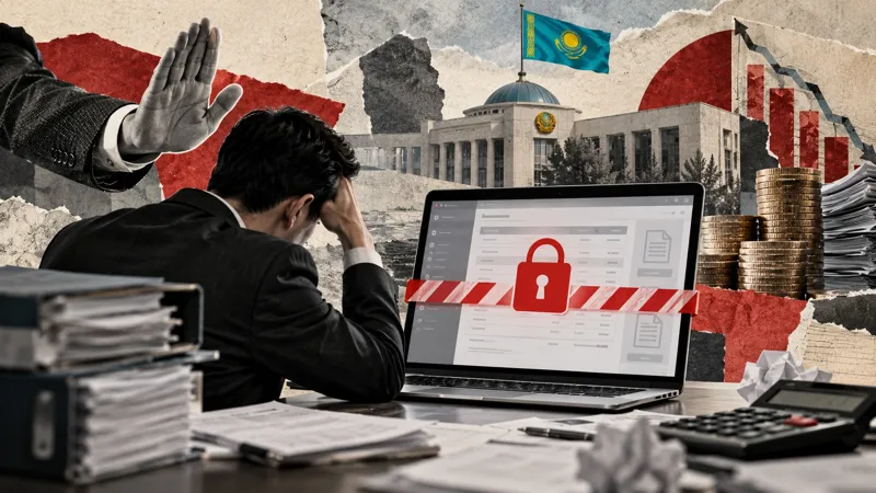 Коллаж: предприниматель перед ноутбуком с красным замком на экране, стопки документов, монеты и государственное здание с флагом Казахстана