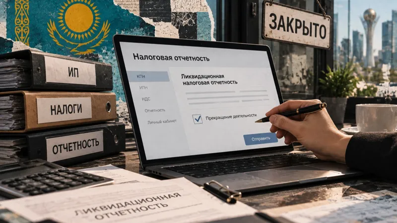 На ноутбуке открыта ликвидационная налоговая отчётность с отметкой о прекращении деятельности ИП, рядом лежат папки с налоговыми документами и калькулятор