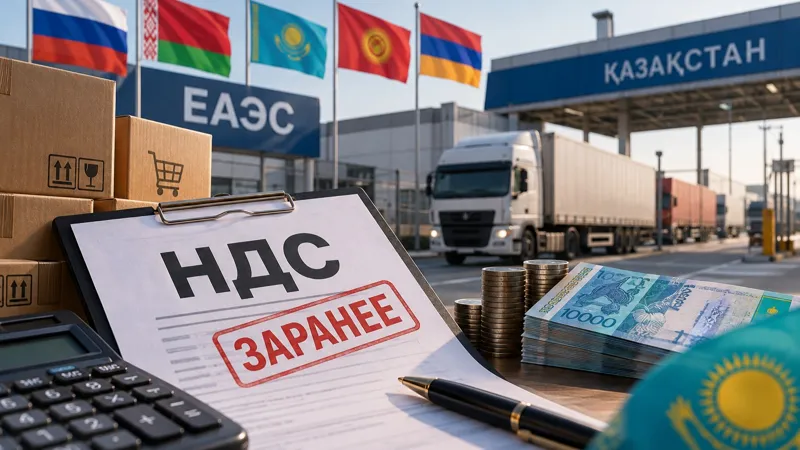 Грузовики на пункте пропуска в Казахстан, флаги стран ЕАЭС, документы с отметкой об НДС, деньги и товары, символизирующие предварительную уплату налога при импорте