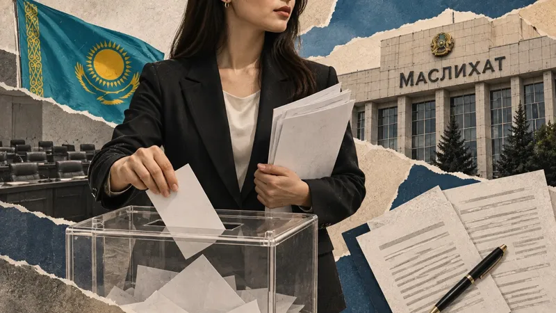Избирательница, бюллетени, документы, флаг, здание маслихата