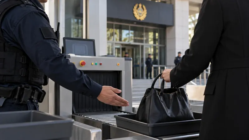 Сумку посетителя проверяют через сканер на входе в здание полиции