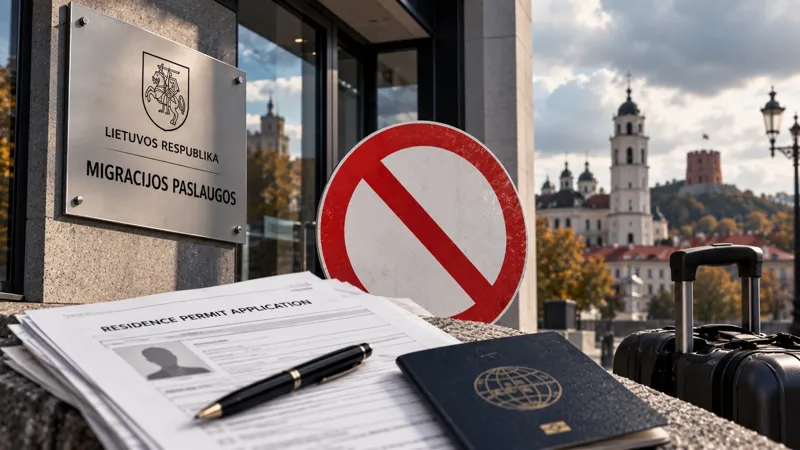 Иллюстрация с документами на получение ВНЖ, паспортом и запрещающим знаком на фоне здания миграционной службы Литвы