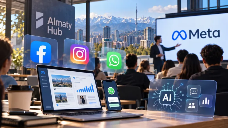 Иллюстрация с логотипами Meta, Almaty Hub, Facebook, Instagram и WhatsApp на фоне Алматы и мероприятия о цифровых технологиях