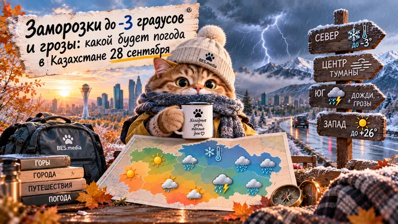Кот-синоптик с картой Казахстана на фоне дождя, грозы и снега. На иллюстрации показаны заморозки до −3 градусов и контрасты погоды по регионам