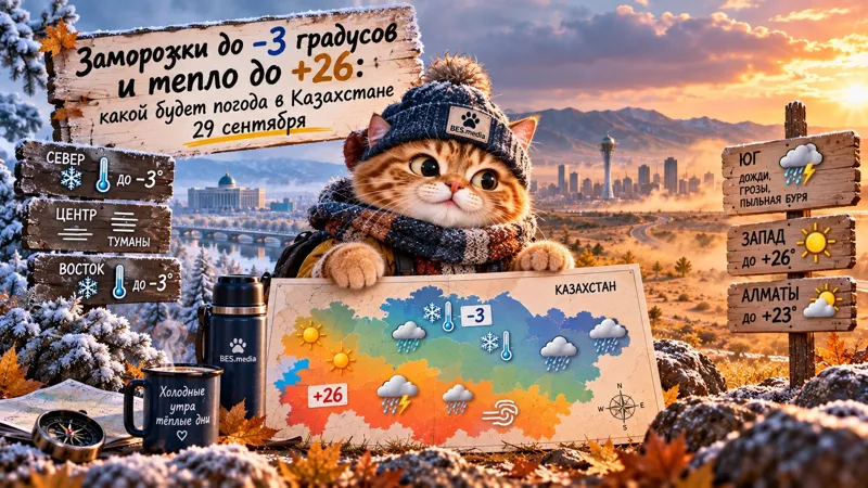 Кот-синоптик с картой Казахстана на фоне контрастной погоды: снега и заморозков на севере и востоке и тёплой погоды на юге и западе