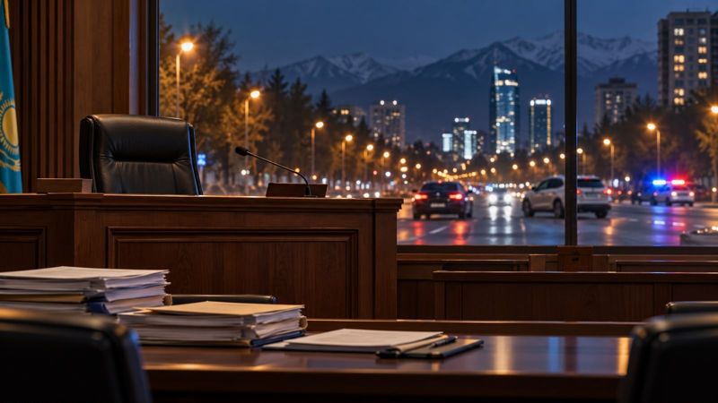 Пустой зал суда, за окном - ночная дорога Алматы, автомобили и огни полиции