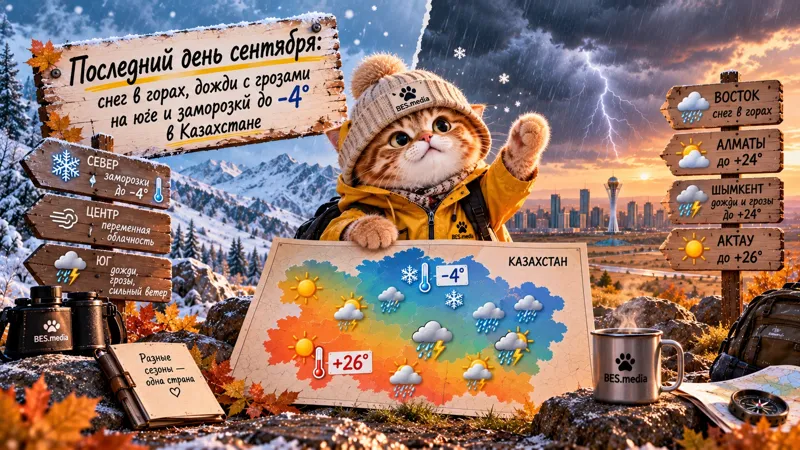 Кот-синоптик с картой Казахстана на фоне снега, дождя и грозы