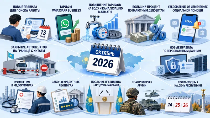 Инфографика об основных изменениях в Казахстане в октябре 2026 года, включая новые правила, тарифы, законы и выходные