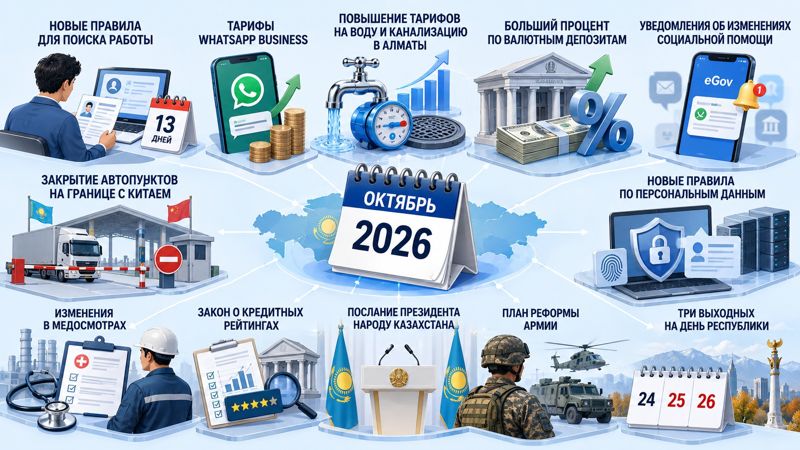 Инфографика об основных изменениях в Казахстане в октябре 2026 года, включая новые правила, тарифы, законы и выходные