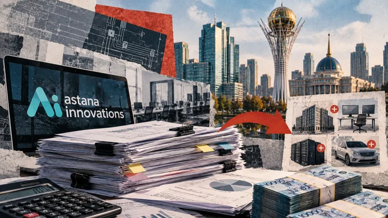 Документы, калькулятор, пачки тенге и логотип Astana Innovations на фоне Астаны