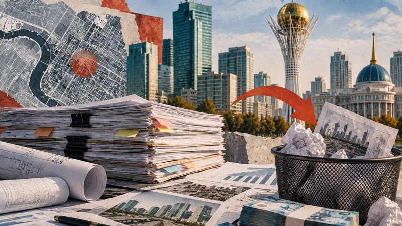 Документы, бюджетные расчёты и пачки тенге на фоне Астаны