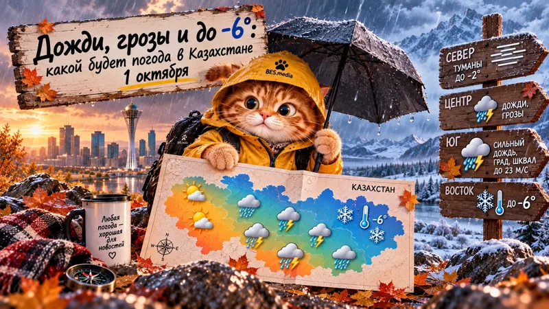 Котик-синоптик BES.media под зонтом держит карту Казахстана с дождями, грозами и похолоданием