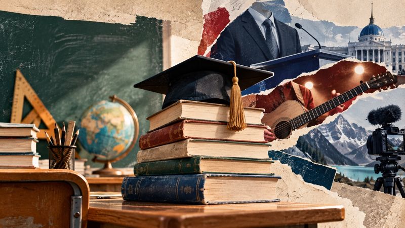 Школьная доска, книги и академическая шапочка в окружении символов разных профессий – госслужбы, музыки, медиа и путешествий