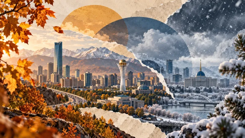 Коллаж с осенним Алматы и заснеженной Астаной, разделёнными рваной бумажной границей