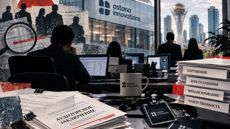 Сотрудники в офисе Astana Innovations, документы аудита и рабочие компьютеры на фоне Астаны