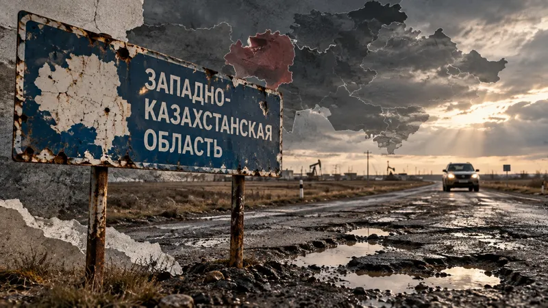 Разбитая дорога с глубокими выбоинами и лужами в Западно-Казахстанской области. На переднем плане — дорожный указатель региона, вдали по повреждённому покрытию едет автомобиль
