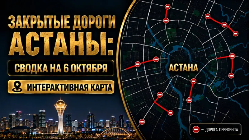Коллаж карты перекрытия дорог в Астане и изображение Байтерека