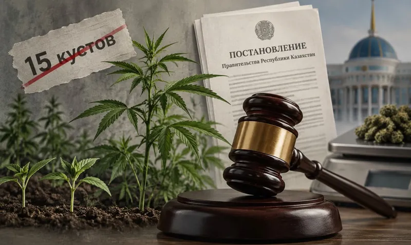 Растения конопли, судейский молоток и весы на фоне здания в Астане
