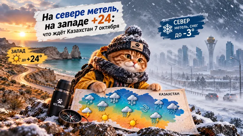 Котик-синоптик BES.media с картой Казахстана на фоне метели на севере и солнечной погоды на западе страны