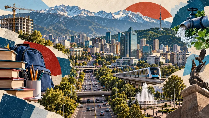 Коллаж с панорамой Алматы, горами, городской застройкой, дорогами, метро и объектами инфраструктуры