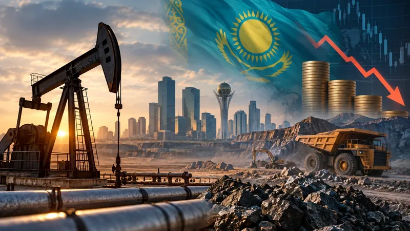 Иллюстрация с нефтяной качалкой, карьером, самосвалом, трубопроводами, флагом Казахстана, монетами и падающим графиком как символ рисков для экономики и сырьевого сектора