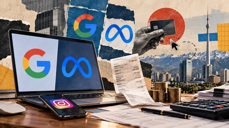 Коллаж с логотипами Google, Meta и Instagram, банковской картой, документами и деньгами на фоне Алматы