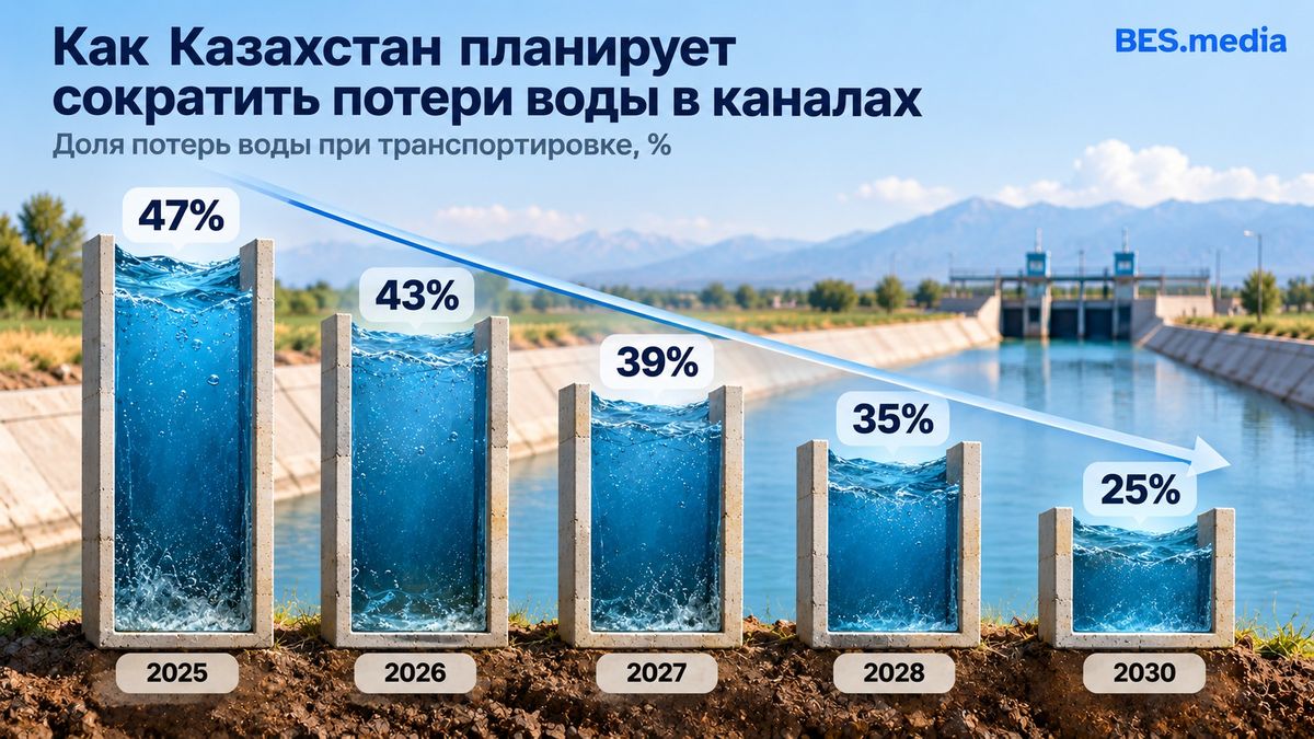 Инфографика о снижении потерь воды при транспортировке в Казахстане с 47% в 2025 году до 25% к 2030 году