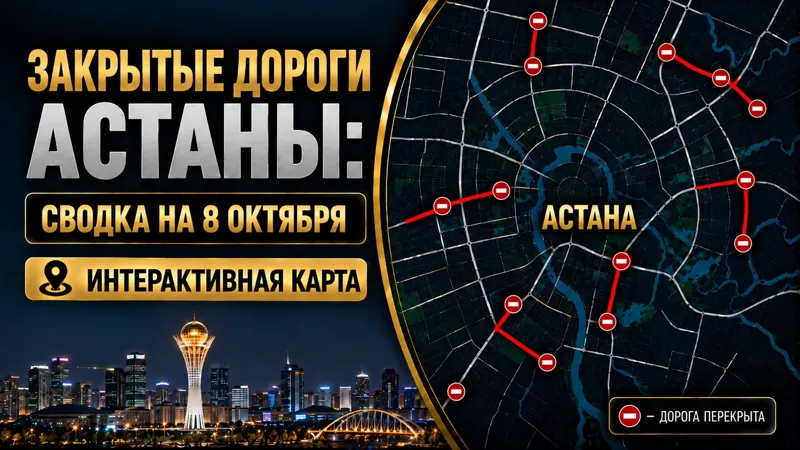 Коллаж карты перекрытия дорог в Астане и изображение Байтерека
