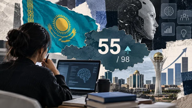 Коллаж с картой и флагом Казахстана, изображением искусственного интеллекта, человеком за ноутбуком и отметкой 55 из 98