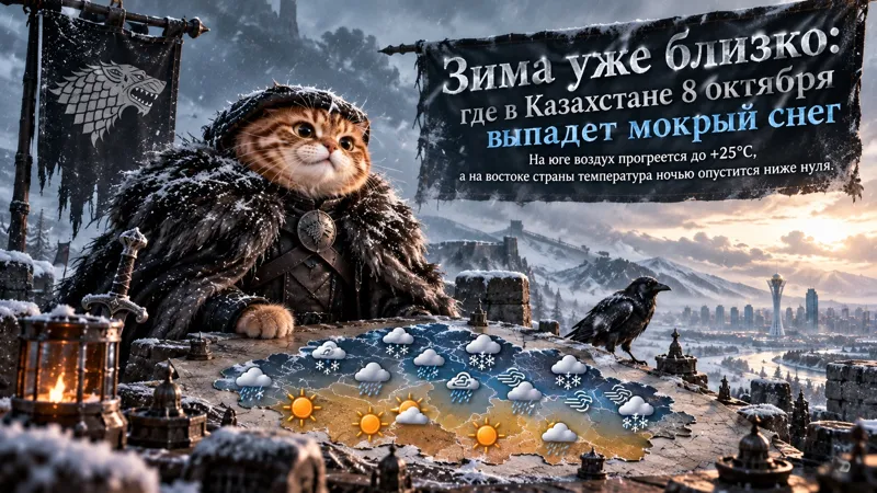 Котик-синоптик в зимнем образе на фоне заснеженного пейзажа и карты Казахстана с обозначениями погоды на 8 октября