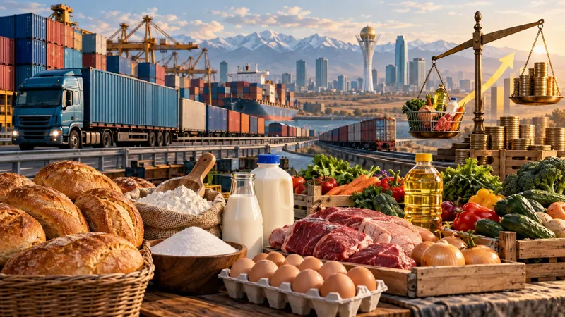 Иллюстрация с продуктами питания на переднем плане, грузовиками, контейнерами и городским фоном; рядом изображены весы с продуктами и монетами как символ роста цен и влияния торговли и логистики