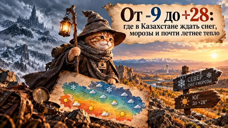 Котик-синоптик в образе волшебника с картой Казахстана на фоне снежных гор и тёплого осеннего пейзажа