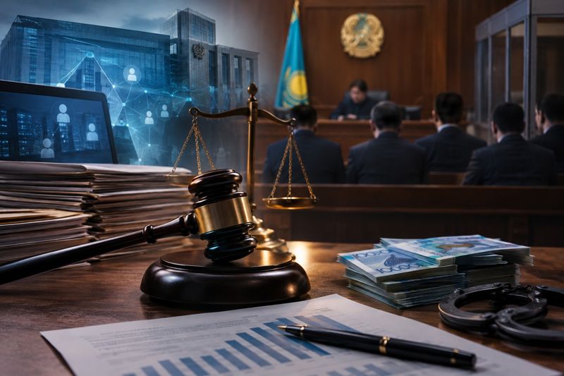 Молоток судьи, стопки документов, деньги и наручники на фоне зала суда и цифровой графики