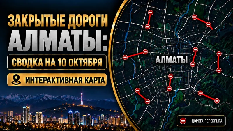 Коллаж карты перекрытых дорог в Алматы и телебашня Коктобе