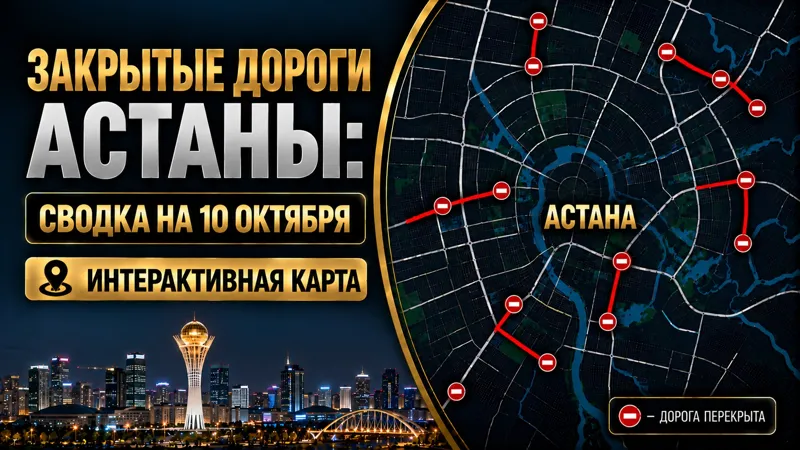 Коллаж карты перекрытия дорог в Астане и изображение Байтерека
