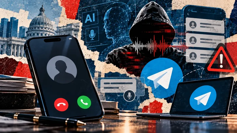 Коллаж со смартфоном с входящим звонком, логотипами Telegram, силуэтом мошенника в капюшоне и символами искусственного интеллекта