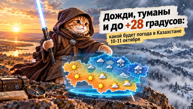 Котик в образе джедая с голубым световым мечом показывает карту Казахстана с обозначениями солнца, дождя, тумана и снега. На фоне осенний закат и заснеженные горы