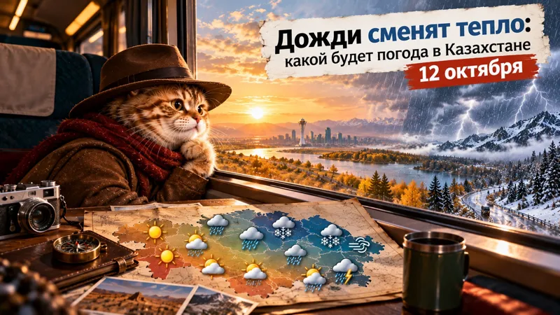 Котик в шляпе и шарфе смотрит из окна поезда на осенний закат и снежную бурю. Перед ним карта Казахстана с обозначениями солнца, дождя, снега и ветра